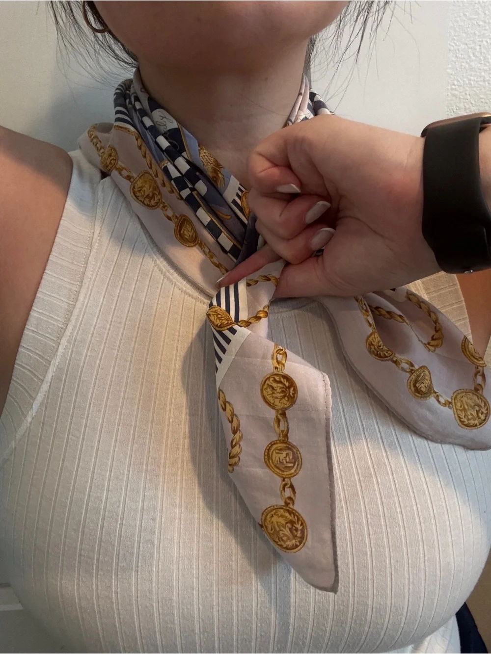 Fendi Beige, Navy & Gold Chain Motif Silk Scarf - Picture 3 of 10